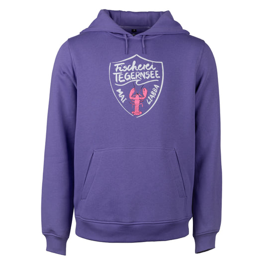 Hoodie in lila mit dem "Fischerei Tegernsee" Wappen inkl. "Mai Liabba" und dem Lobster