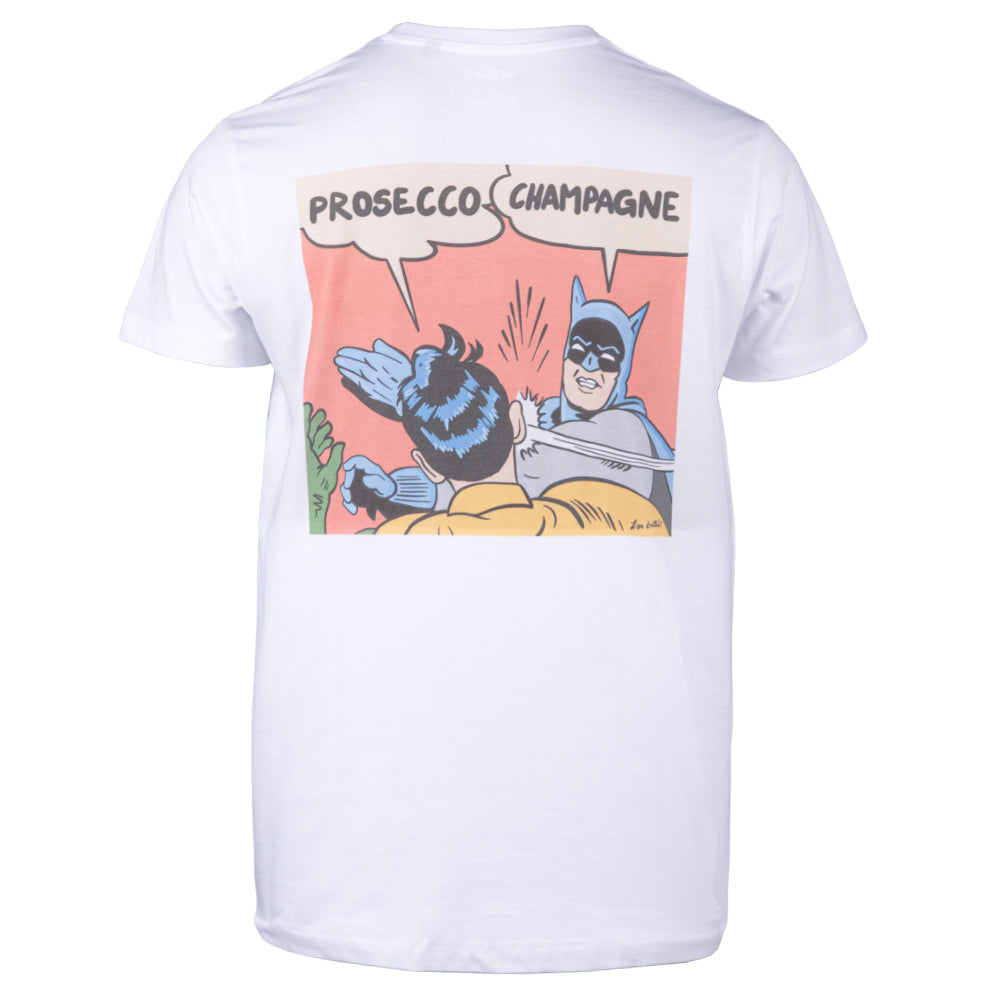 T-Shirt weiß mit Batman-Rückenprint "Champagne vs. Prosecco"