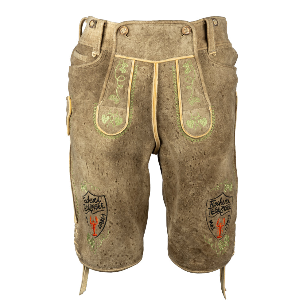 Helle Hirsch-Lederhose mit grünem Stick