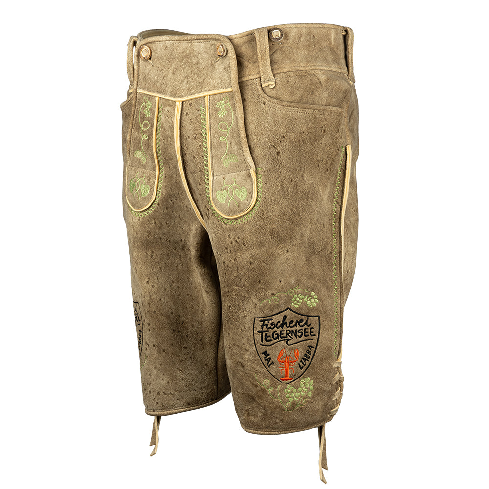 Helle Hirsch-Lederhose mit grünem Stick