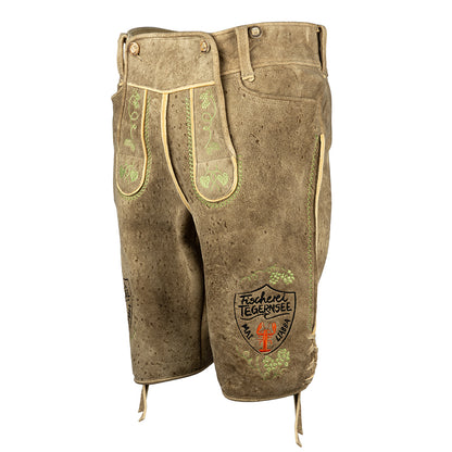 Helle Hirsch-Lederhose mit grünem Stick