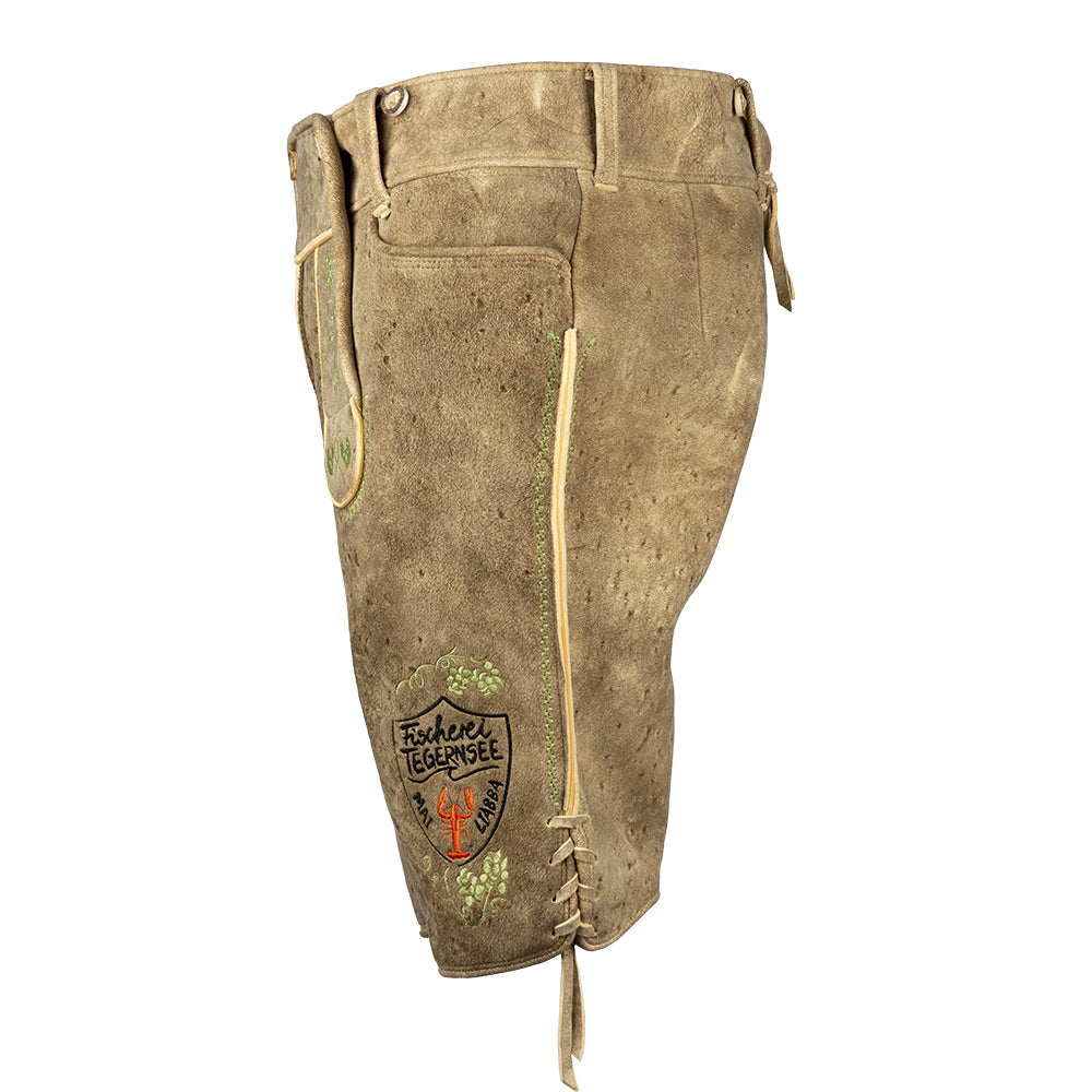 Helle Hirsch-Lederhose mit grünem Stick