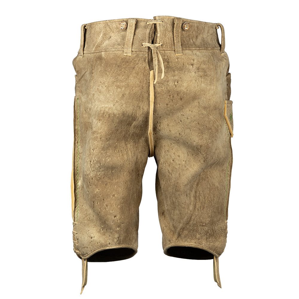 Helle Hirsch-Lederhose mit grünem Stick