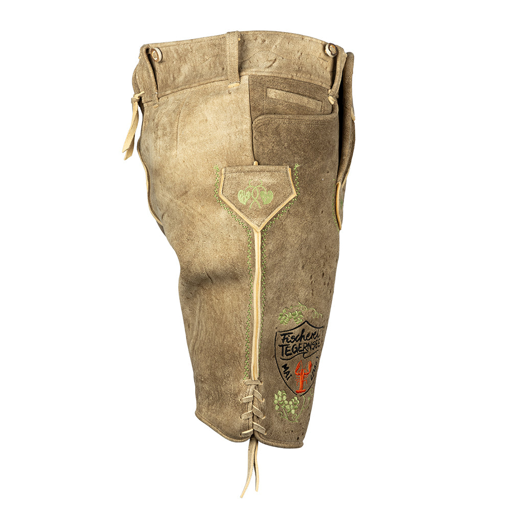 Helle Hirsch-Lederhose mit grünem Stick