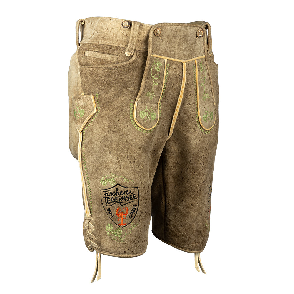 Helle Hirsch-Lederhose mit grünem Stick