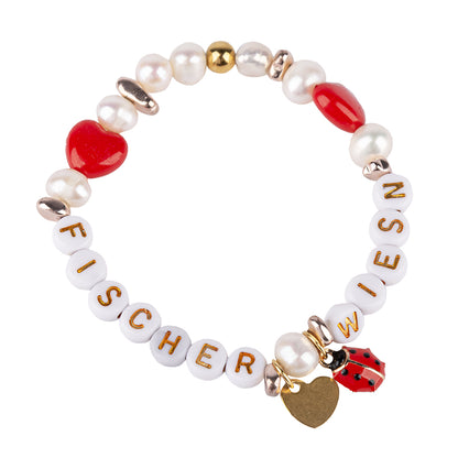Perlenarmband „Fischer Wiesn“ – Weiß-Rot mit Charms