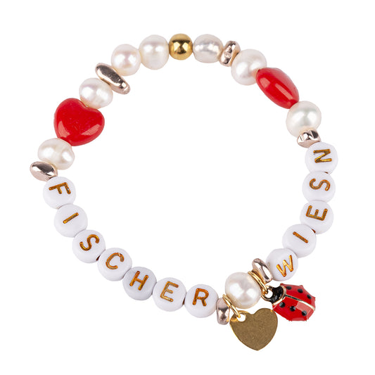 Perlenarmband „Fischer Wiesn“ – Weiß-Rot mit Charms