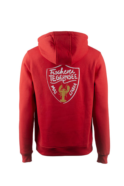 Hoodie in rot mit dem "Fischerei Tegernsee" Wappen inkl. "Mai Liabba" und dem Lobster