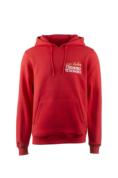 Hoodie in rot mit dem "Fischerei Tegernsee" Wappen inkl. "Mai Liabba" und dem Lobster
